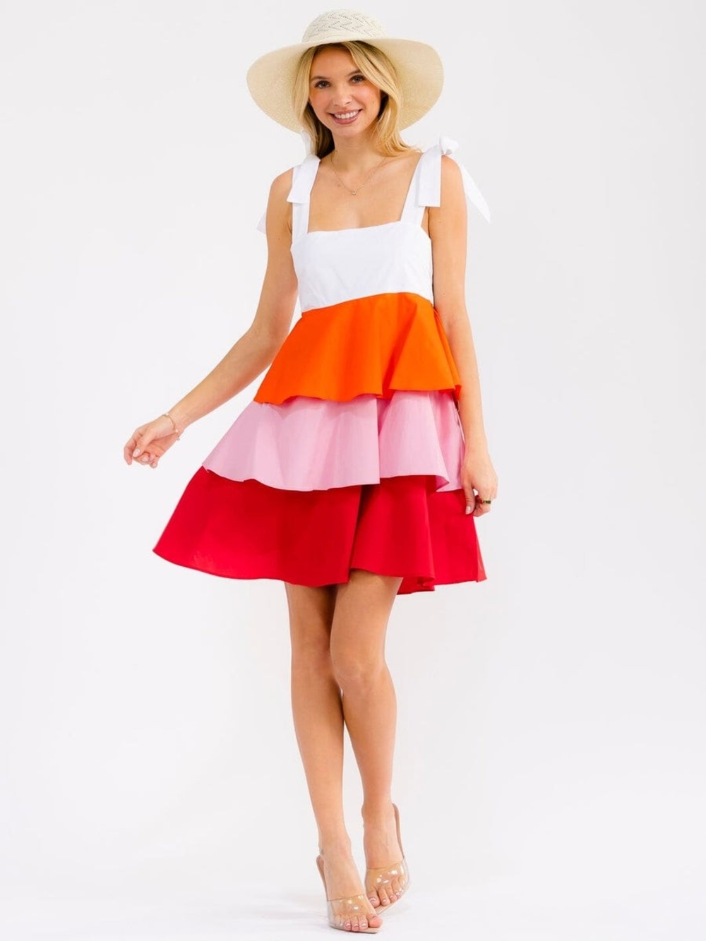 Tiered Colorblock Tie-Shoulder Sundress in White, Orange, Pink, Red